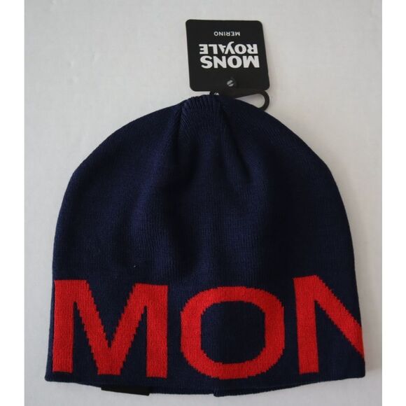 Mons Royale Unisex O/S Navy Blue/Bright Red Arcadia Merino Wool Beanie Hat - Picture 1 of 6
